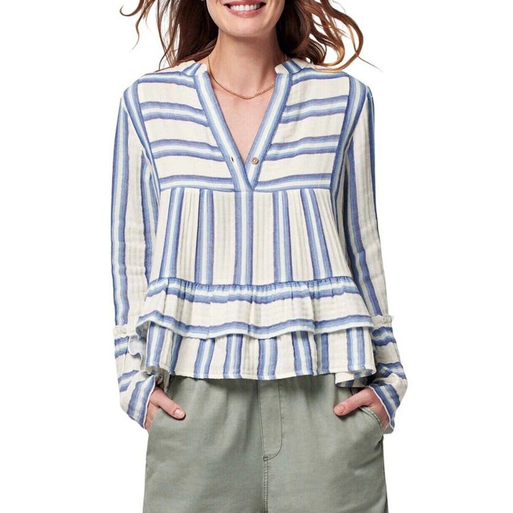 Faherty Vida Baja Stripe Cotton Blouse Shirt Top Textured Peplum Ruffle M 286184